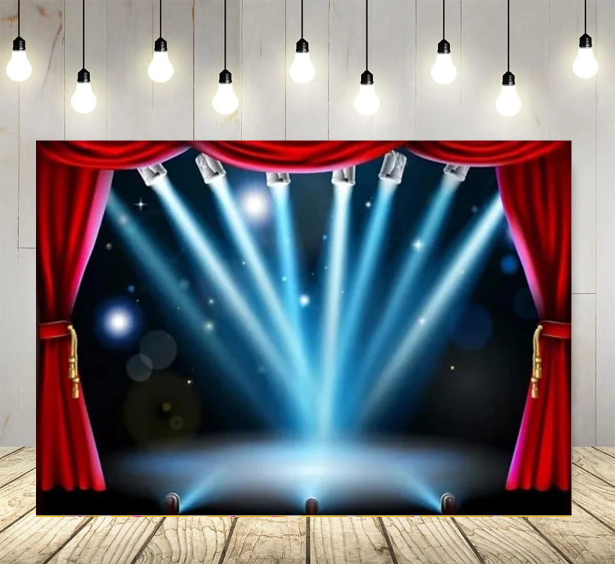 Theater Stage Photography Backdrop Red Curtains Spotlights Wooden Floor Festival Celebration Background Portrait Shooting Poster
