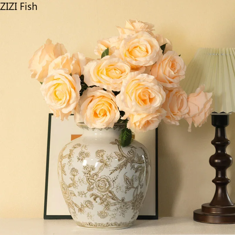 Retro Flower Pattern Ceramic Vase Handicrafts Flower Pots Table Decoration Flowers Arrangement Floral Vases Room Aesthetic Decor