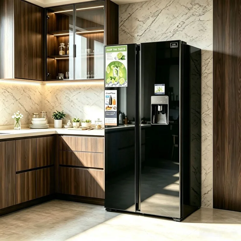Opposite door with water dispenser, black tempered glass refrigerator, air-cooled and frost-free