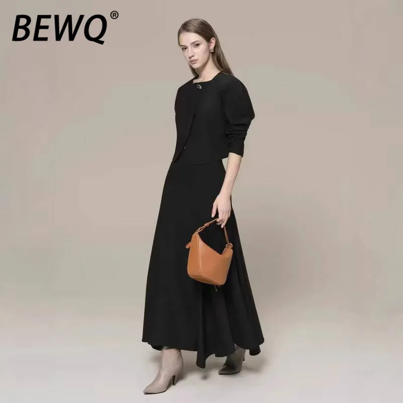

BEWQ Solid Sleeve Slim Neck Fashion Curved 2 Set Long Pcs Square Women Top Color Fit Flared Skirt Evening Party 2026 Spring New
