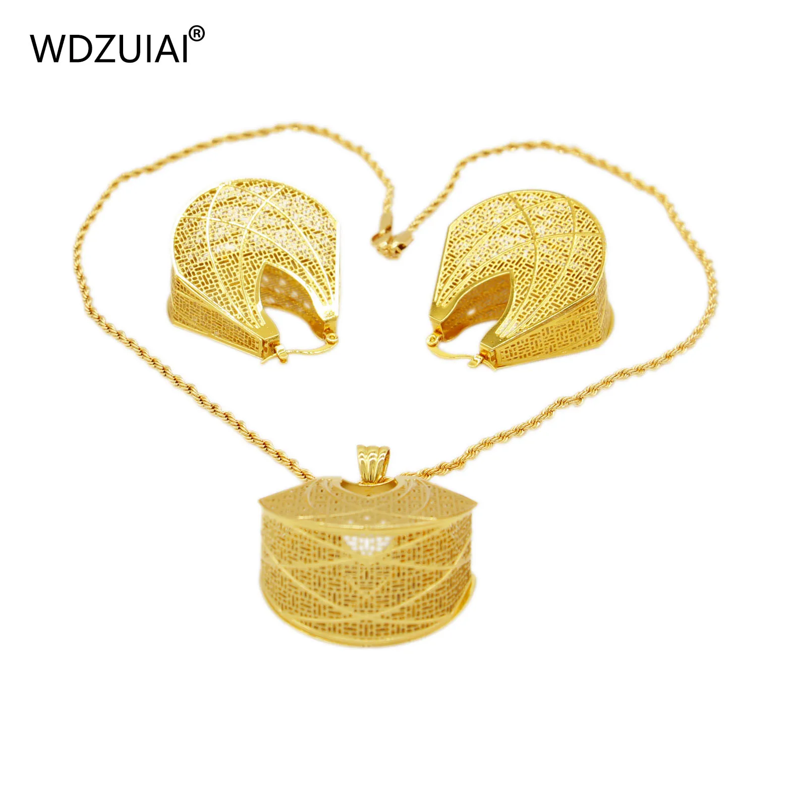 WDZUIAI Dubai 24K Gold Color Pendent Necklace/Earrings Set African Arab Ethiopian Women Girls Wedding Jewelry Party Best Gifts