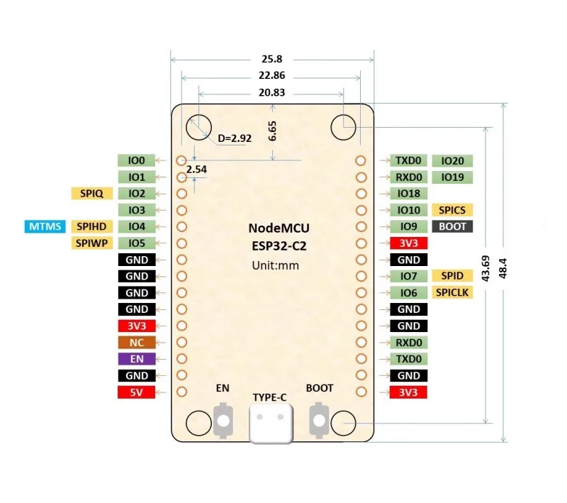 Die ESP32-C2-Entwicklungsplatine ist mit einem ESPC2-12-Modul ausgestattet, das mit dem ESP8684-DevKitM-1 kompatibel ist. – Detail 5