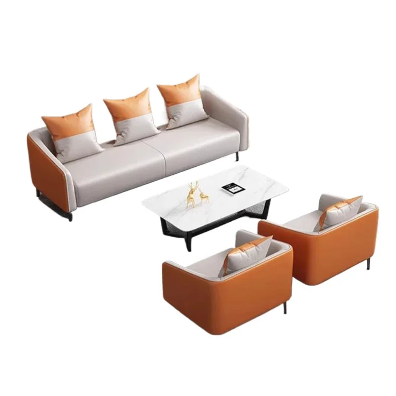 Office sofa, simple and modern coffee table combination, reception, rest for three people, small office sofa leather