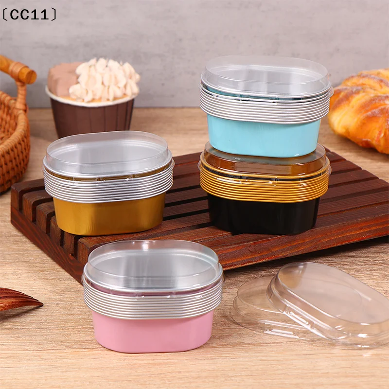10 Stück Cupcake-Förmchen aus Aluminiumfolie mit Deckel, antihaftbeschichtete Backförmchen aus Folie, 68 ml, ovale Pudding-Dessertbecher, Hochzeits-Partyzubehör (CC11)