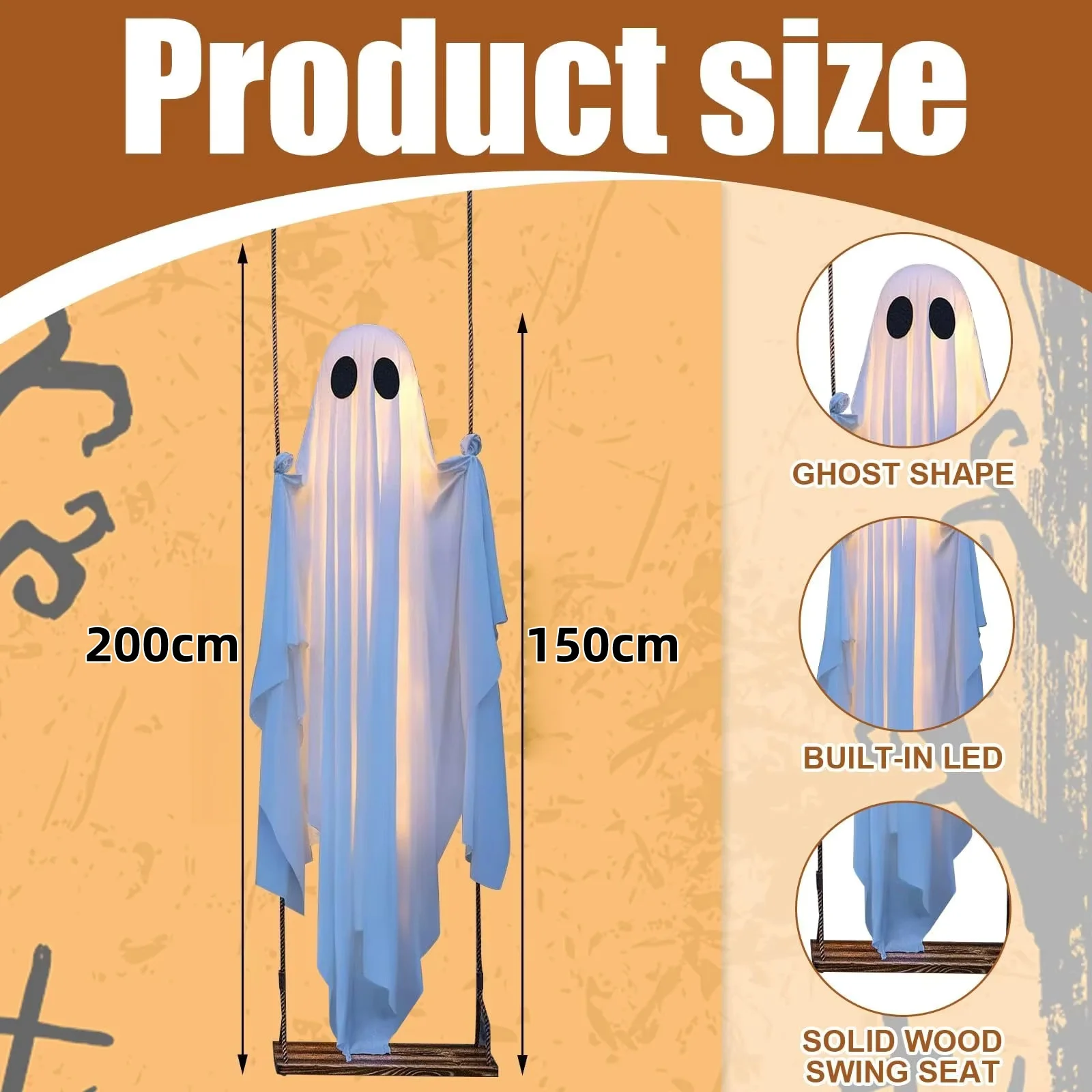 Halloween Swing Ghost Decor Remote Control Light‑Up Hanging Ghost on Maple Leaf Swing Spooky Outdoor Yard Porch Halloween Party