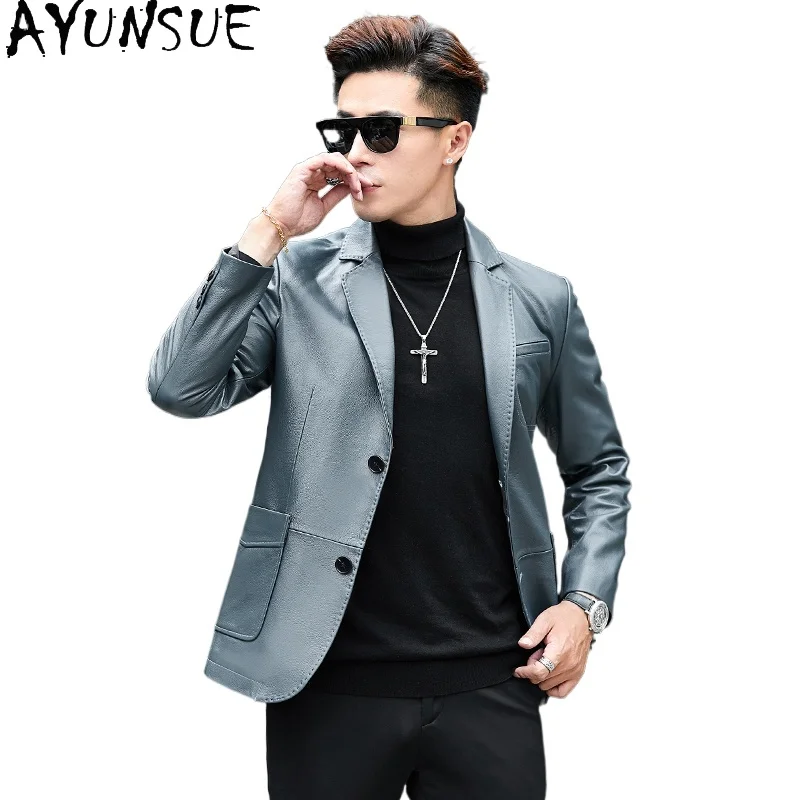AYUNSUE 100% Genuine Leather Jacket for Men 2025 High Quality Top Layer Cowhide Leather Jackets Man Korean Style Thin Suit Coat