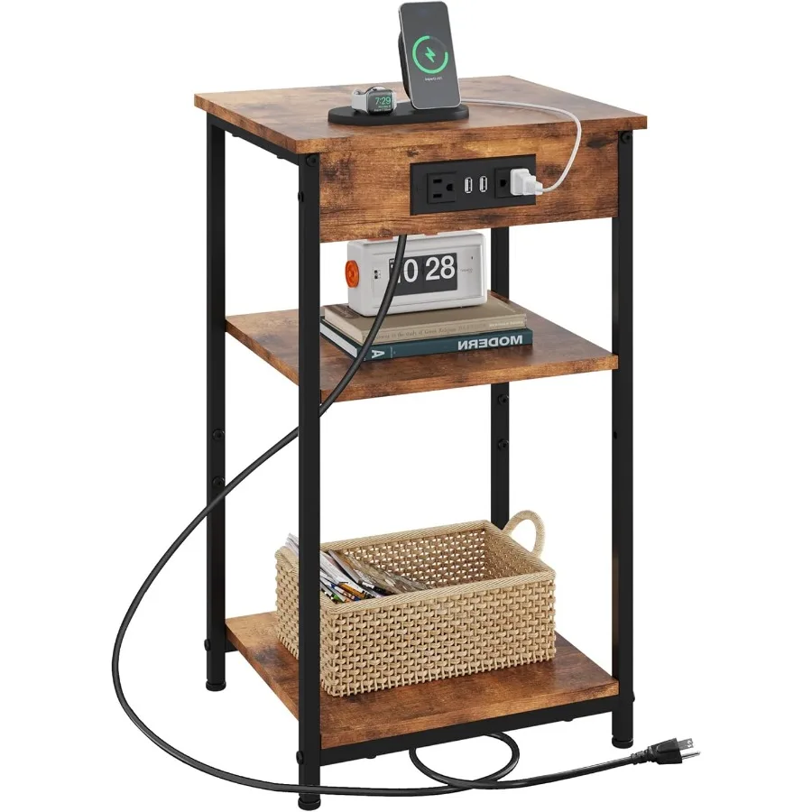 

End Table with Charging Station Small Night Stand with 3 Storage Shelves Side Tables for Small Spaces Bedside Tables for Living