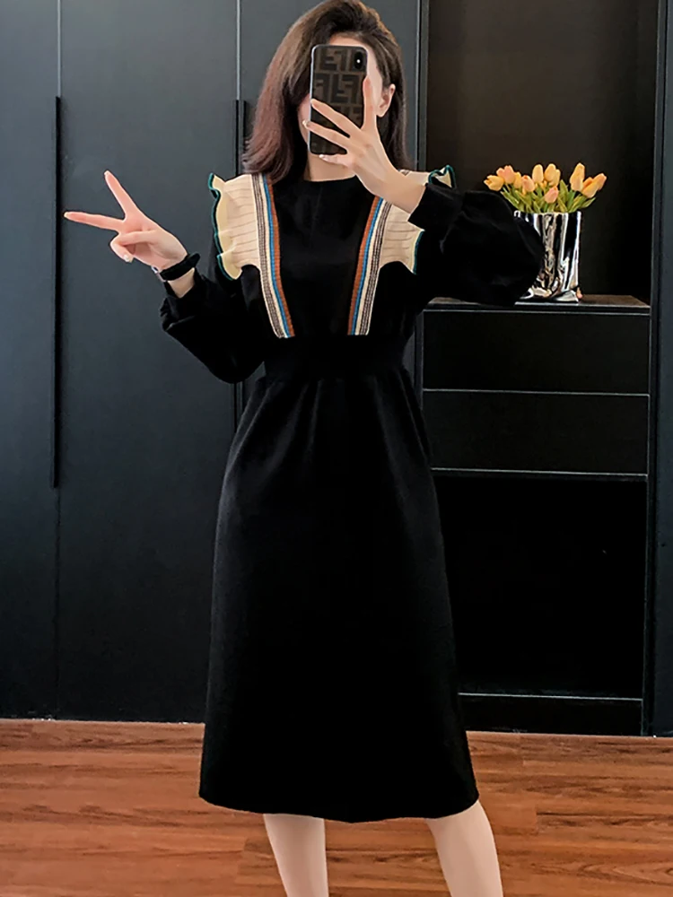 

Autumn Winter New Black Chic Ruffled Long Sleeve Midi Dress Women Elegant Bodycon Sweatshirts 2026 Korean Vintage Festival Dress