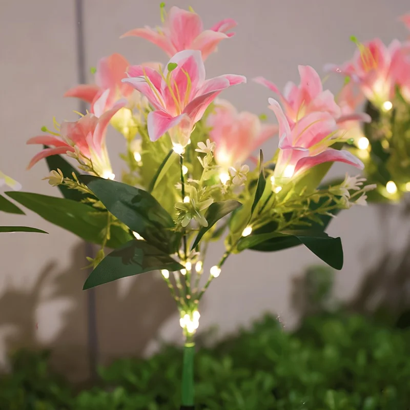 Multi-Bloom Pink Lily Solar Garden Stake Lights, Luminous Lily Bouquet LED Lamp for Outdoor Lawn Romantic Floral Landscape Decor