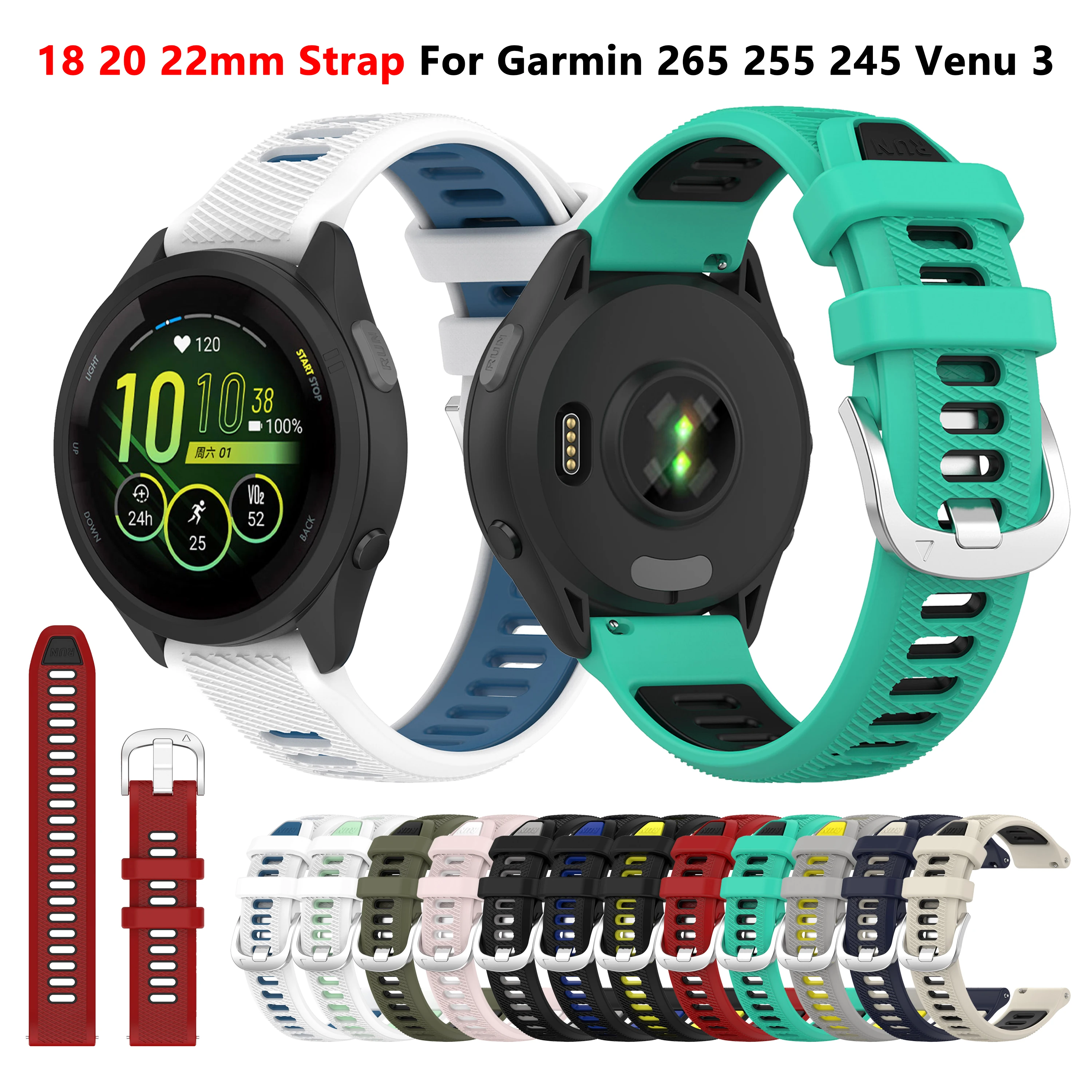 

18mm 20mm 22mm Silicone Strap For Garmin Forerunner 265 255 245 Vivoactive 3 4 5 6 Band Watch Venu 2 3/Venu 4 41mm 45mm Bracelet