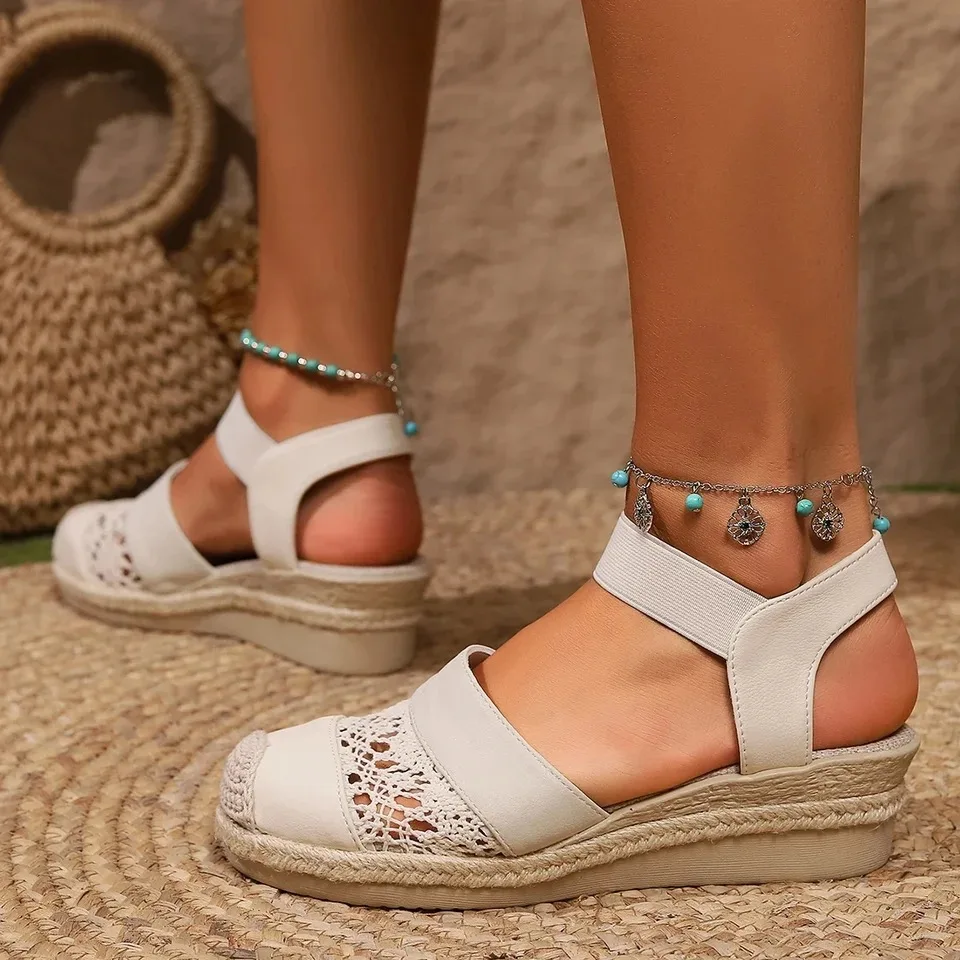 New Women Wedge Heel Espadrilles Toe Slingback Platform Shoes Braided Espadrille Ankle Strap High Heeled Sandals Plus Size 43