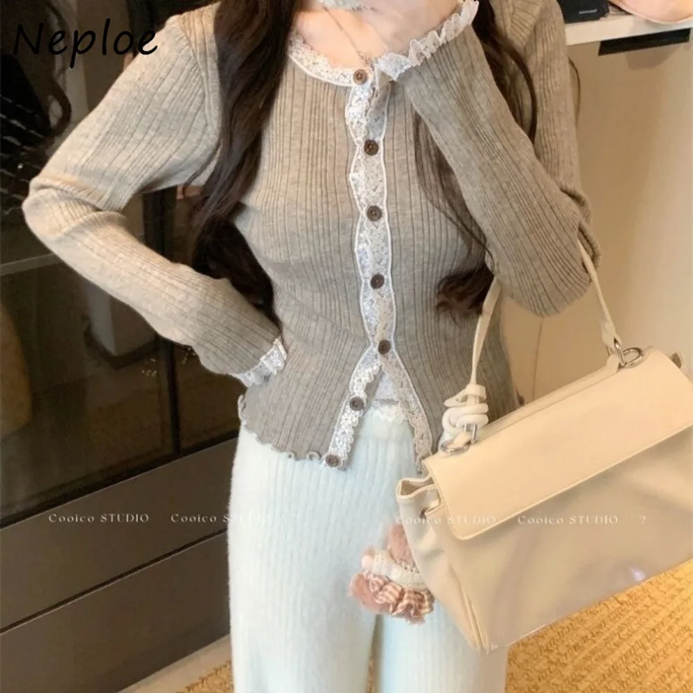 

Neploe Lace Patchwork Long Sleeve O Neck Women Clothing Knit New Early Autumn Casual Sweet Cardigan Elegant Sweet All-match Tops