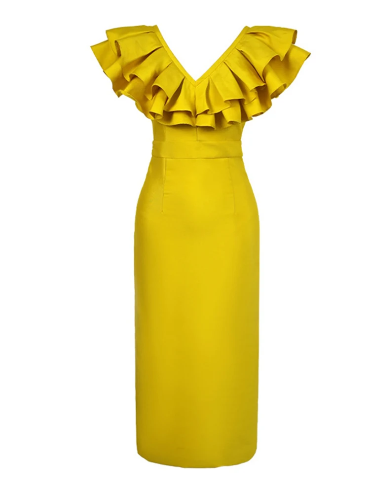 Mode Sommer Gelb Lange Abendkleid Frauen Damen Kleidung Elegante Chic Rüschen V-ausschnitt Schlank Midi Prom Robe Femme Mujer Vestido