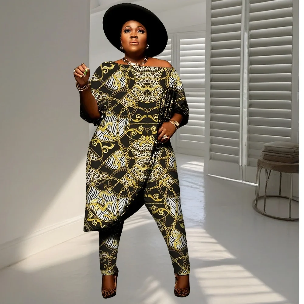 L-4XL Wholesale Dropshipping 2024 African Sexy Plus Size Women Clothing Two Piece Sets Leopard Irregular Strapless Pant Suits