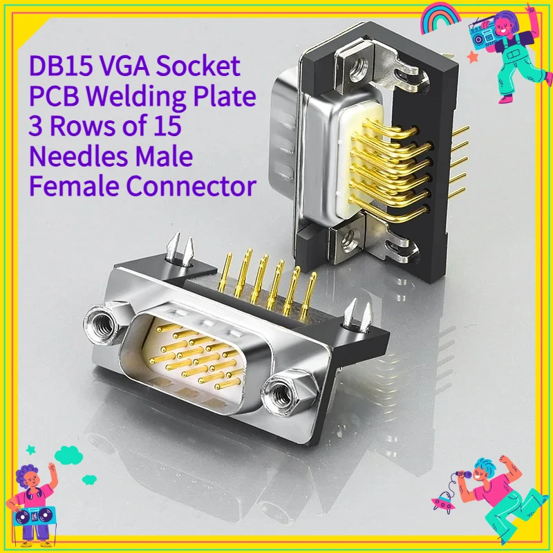 DB15 VGA Socket PCB Welding Plate 3 Rows of 15 Needles Male Female Connector HDR15P 3.08/8.85mm Solid Pin 90° Terminal Fitting