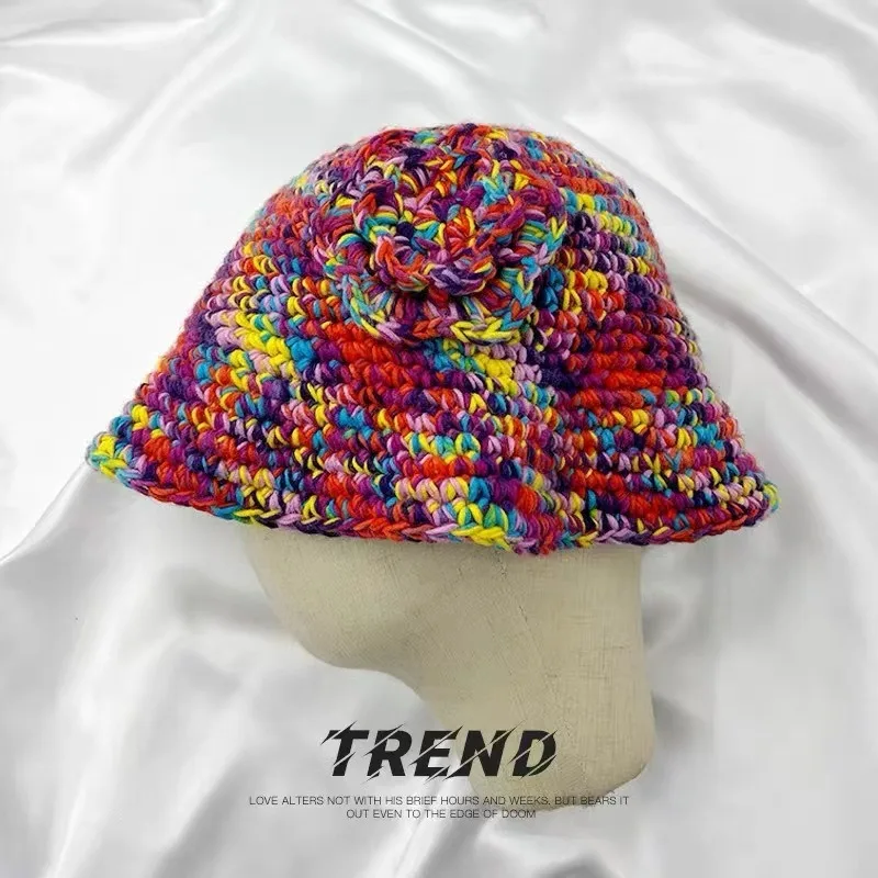 

Korean Hand-crocheted Three-dimensional Flower Bucket Hat Spring and Autumn Mixed Color Sweet Fashion Wide-brim Women Basin Cap