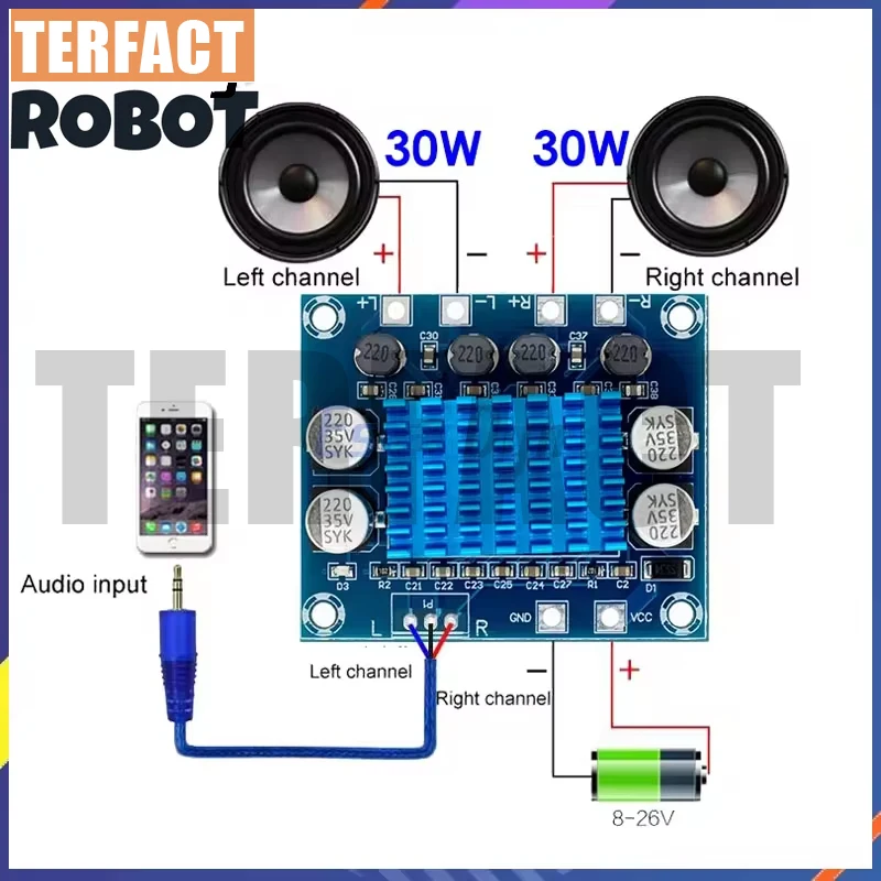 TERFACT ROBOT TPA3110 XH-A232 30W+30W 2.0 Channel Digital Stereo Audio Power Amplifier Board DC 8-26V 3A