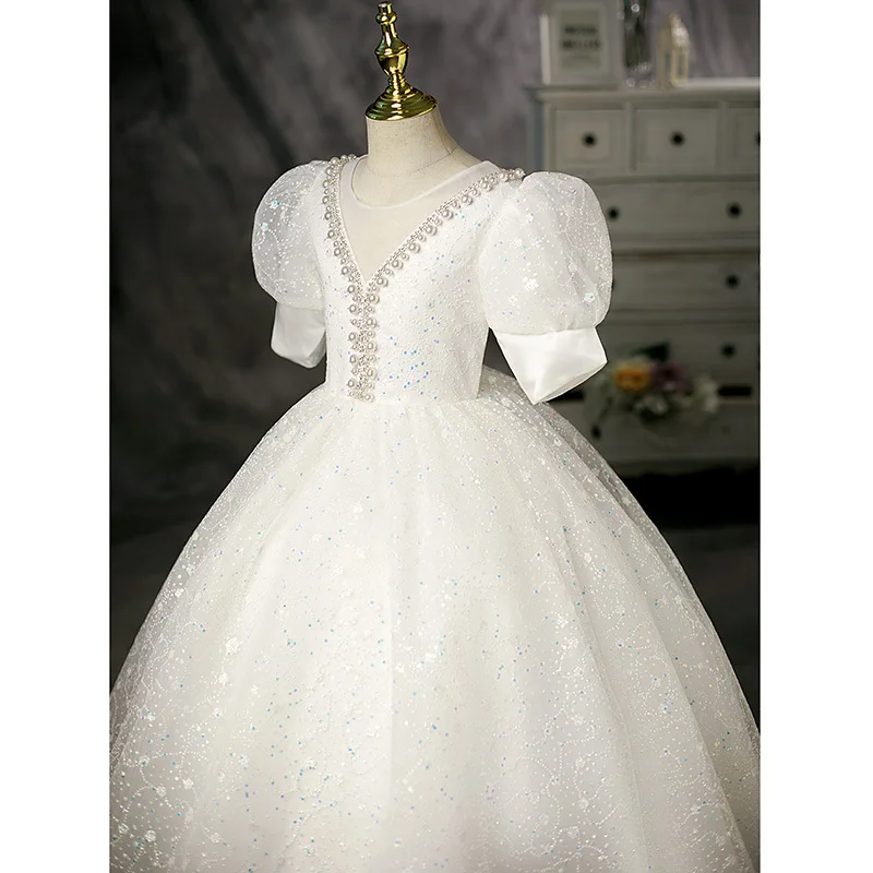 White Girl's Stylish Children's Wedding Princess High-end Feel Host Birthday Piano Performance Puffy Dress