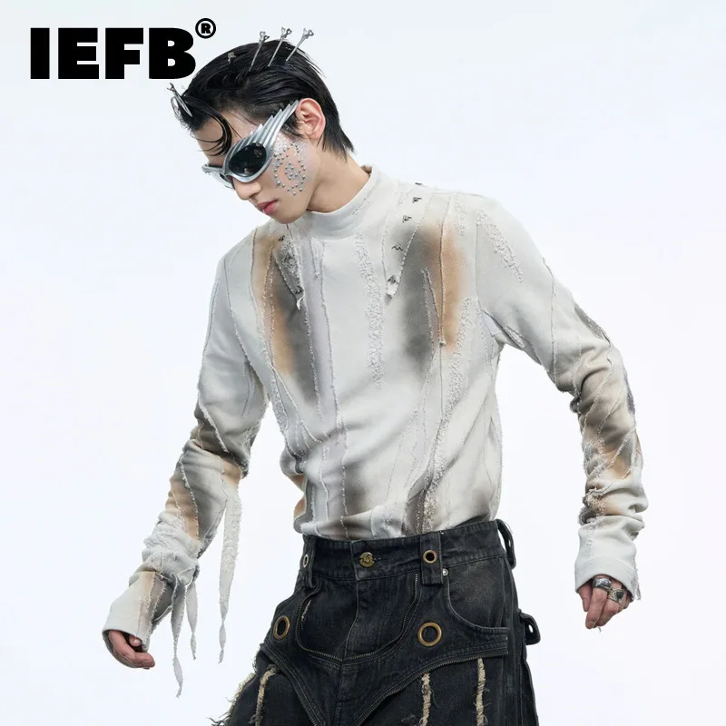 IEFB High Street Men's Wear Tie-dye Gradient Color Male Knitted Top Turtleneck Knitwear Long Sleeve Pullover T-shirt 24E5370