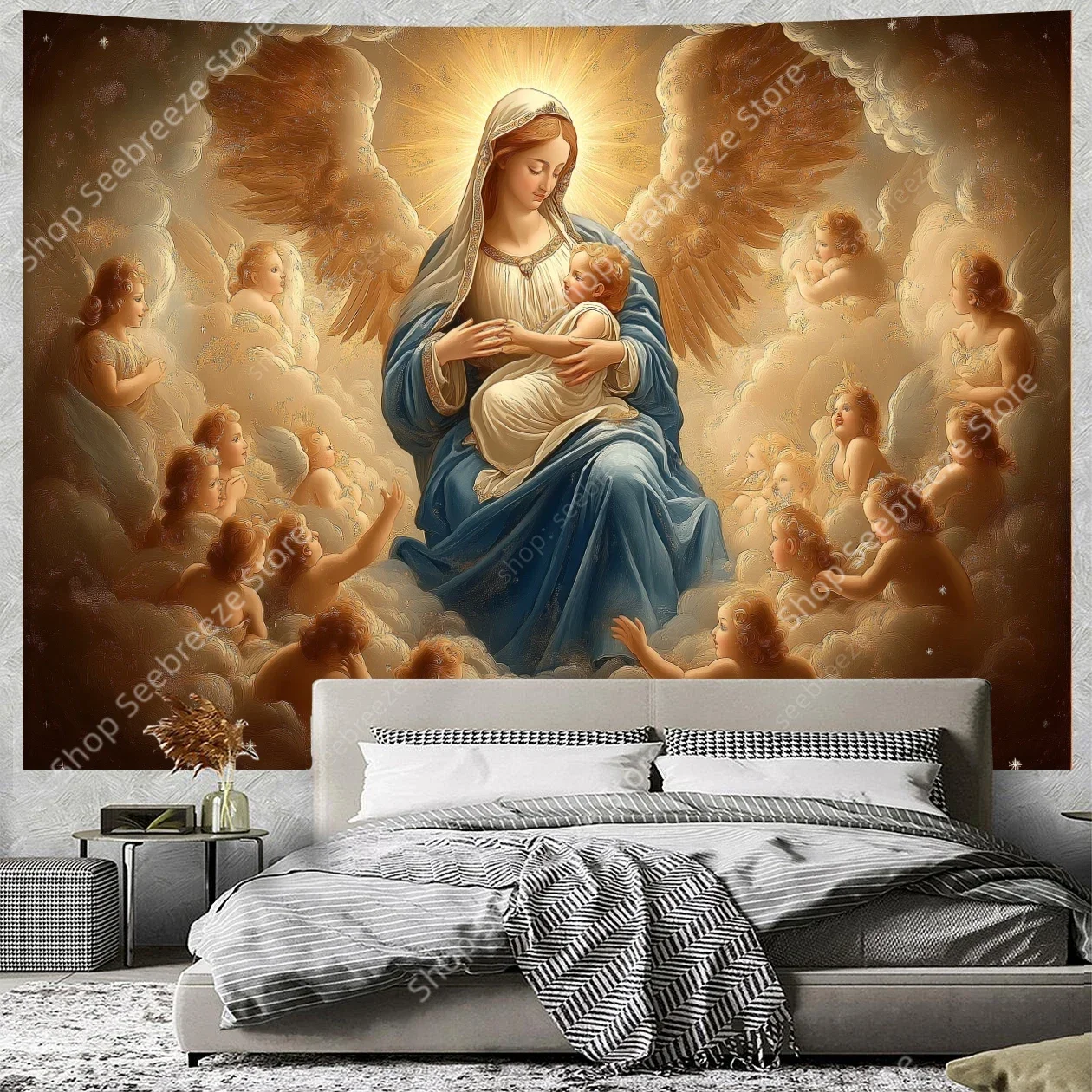 Virgin Mary and Jesus Tapestry Sacred Religious Wall Art for Home Church Decor Inspirational Christian Faith Mother's Day Gift