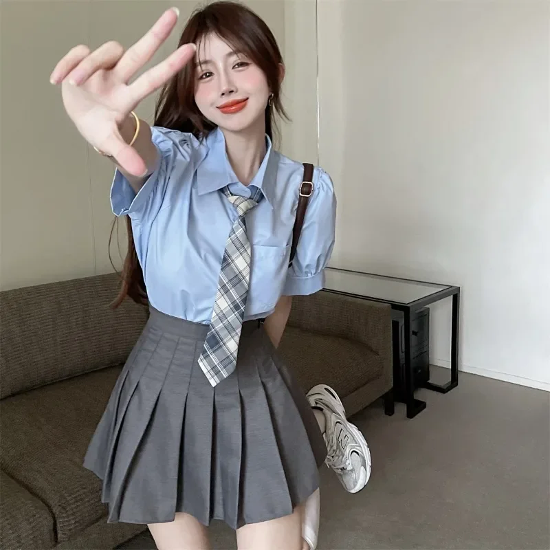 Summer Chic Female Suits Japan solid short Sleeve Shirt  With a tie Skirt 2 Pcs Set Women Single Breasted slim Short Dress Set