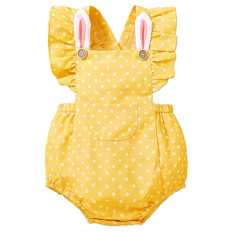 Baby Girl Easter Bunny Romper Dot Print Fly Sleeve Bodysuit with Front Pocket Toddler Spring Clothes