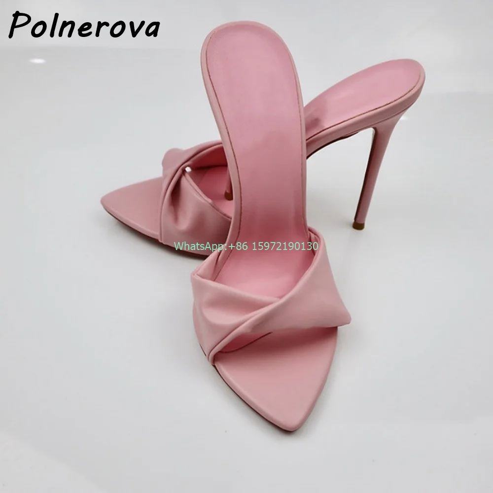 Plisowane Solidne Różowe Kapcie Szpiczaste Toe Cienkie Obcasy Slip On Slingback Sandały Damskie Eleganckie Zwięzłe Seksowne Szpilki Wybiegowe