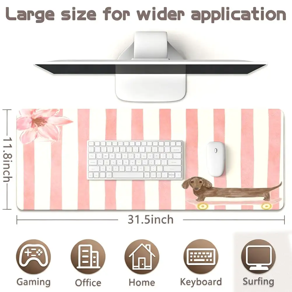 Funny Dachshund Skateboarding Mouse Pad, Pink Striped Dog Desk Mat, Cute Office Decor