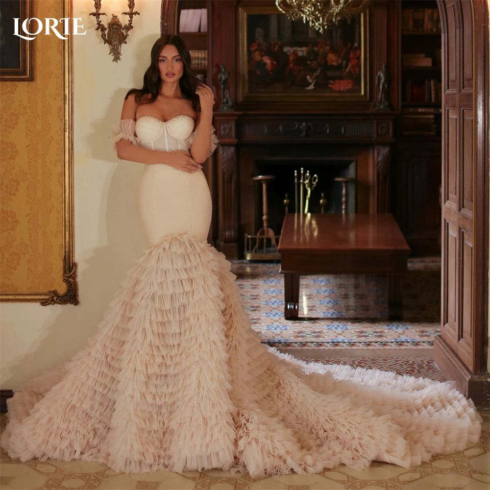 LORIE Classic Mermaid Wedding Dresses Ruched Off Shoulder Glitter Beadings Bodycon Bridal Gowns Tiered Ruffles Skirt Bride Dress