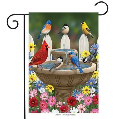 BRIARWOOD LANE Sleeved Garden Flag 12.5x18 BIRDBATH GATHERING Birds Flowers NEW