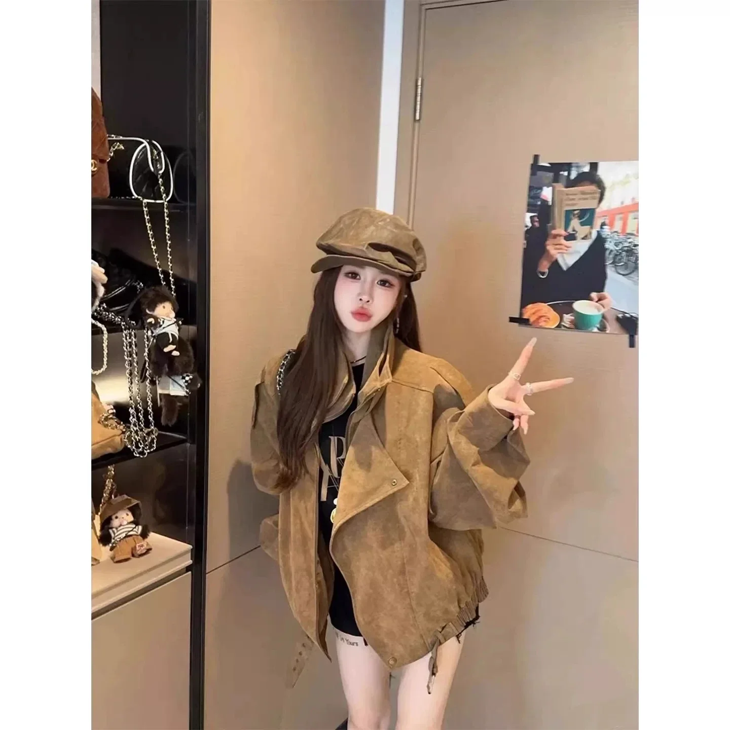 Khaki Lapel Short Suede Jackets Women 2026 Autumn Casual Stand Collar Full Sleeve Zipper Loose Outwear Lady Commute Street Coats