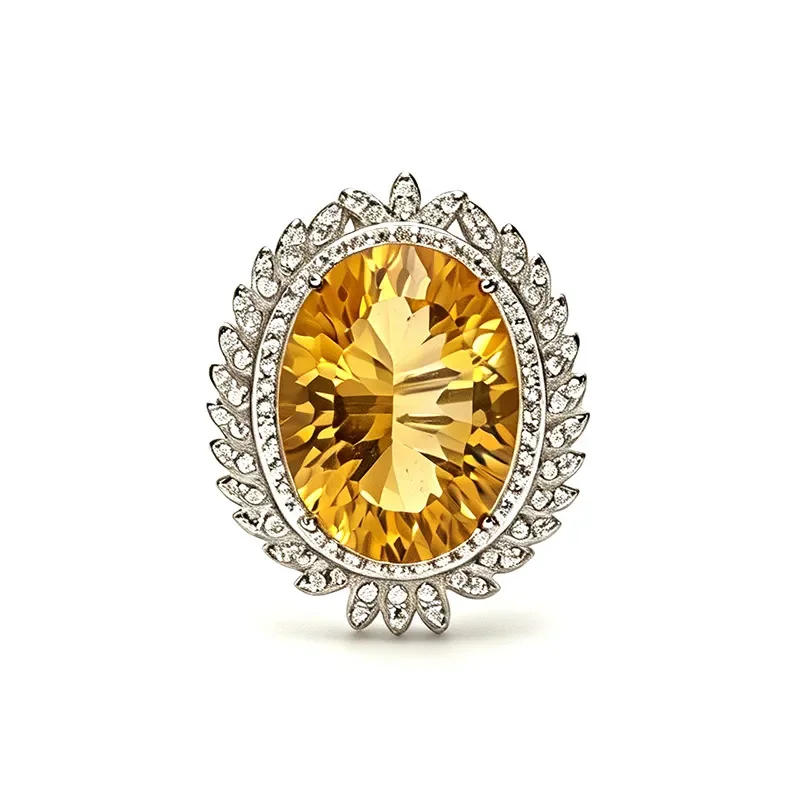 Big Carat Natural Citrine Amethyst Ring Women's S925 Sterling Silver Color Treasure Jewelry European and American