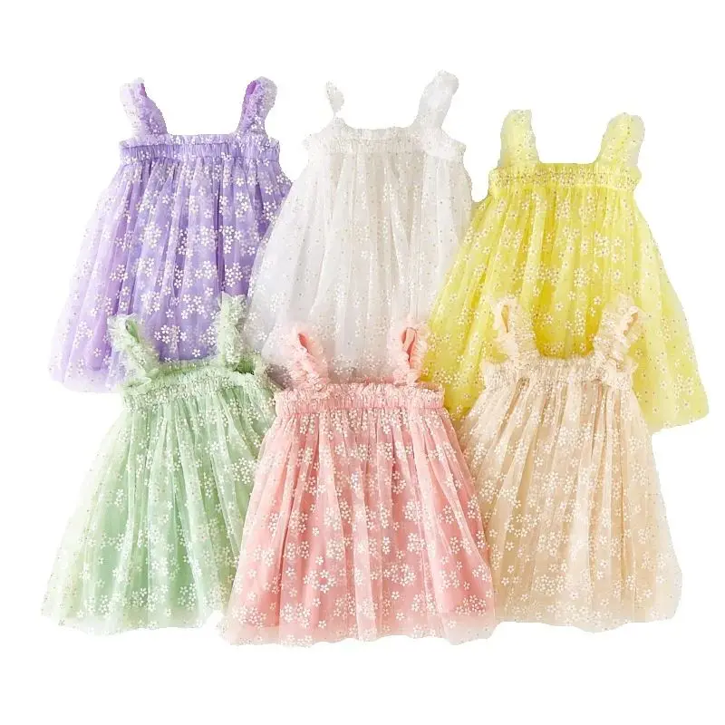 

Casual Golden Flowers Girls Suspender Dress 2023 Summer Sweet Baby Birthday Dress Children's Pastoral Photo Mesh Princess Dress
