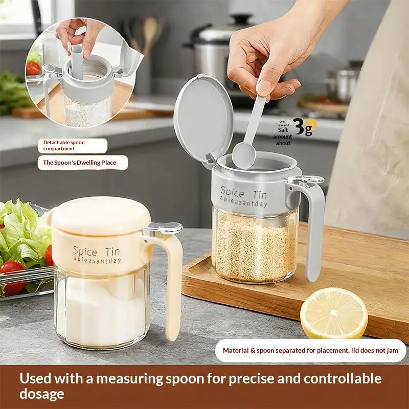 Glass Spice Jar With Built-in Spoon & Handle, Airtight Seasoning Container, Food-Grade Salt Sugar Storage Canister For Kitchen