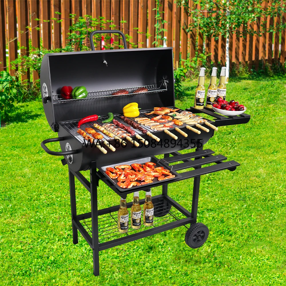 Stock Luxurious Modern Premium Steel Black Trolley Oil Drum Charcoal Barbeque Grill Remote Control Foldable Shelves for Outdoor