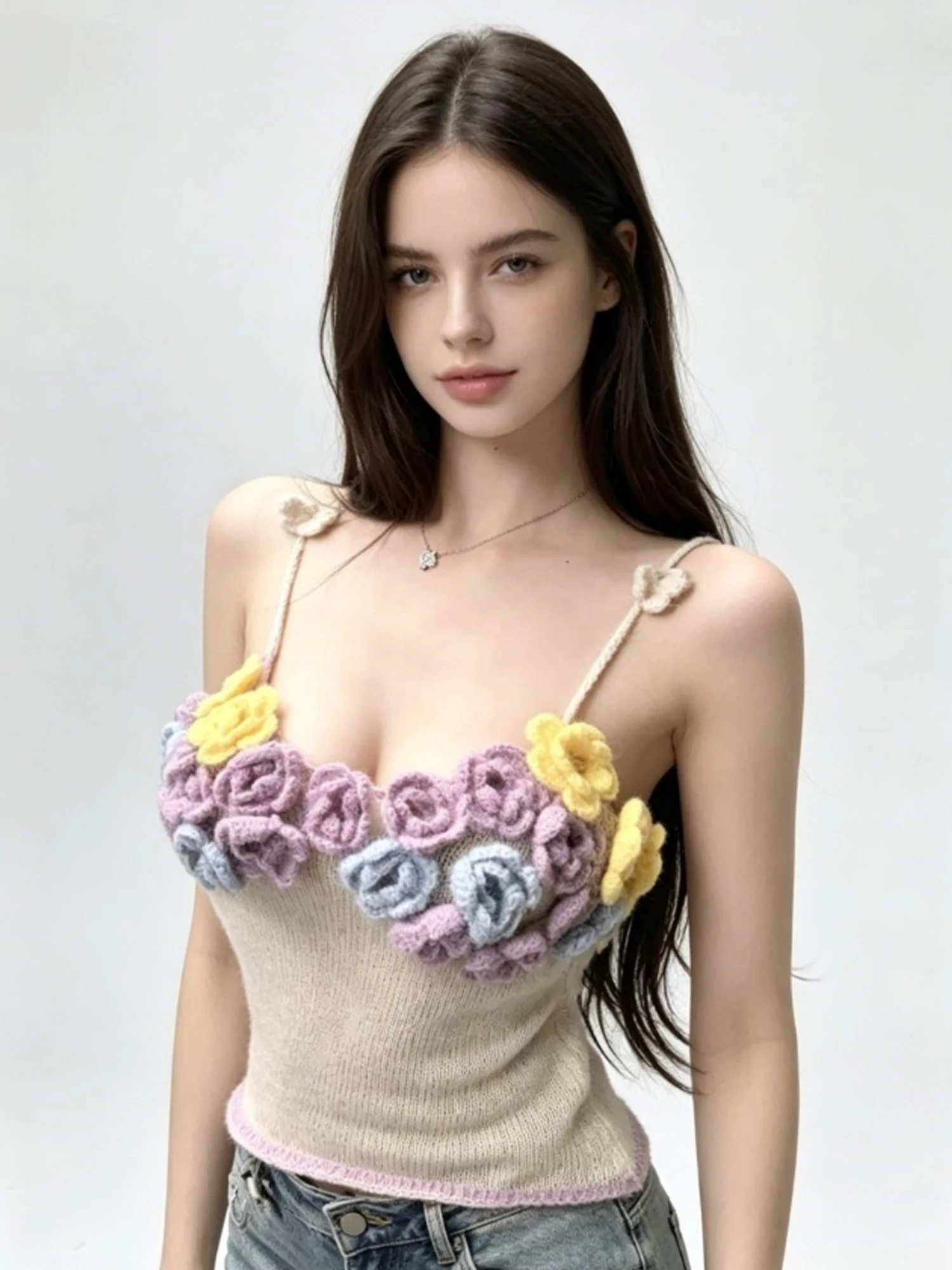 Women's Apricot 3D Floral Knit Camisole Vest Vintage Sexy Y2K Gyaru Crop Top Off Shoulder Sleeveless Tank Top for Women Summer