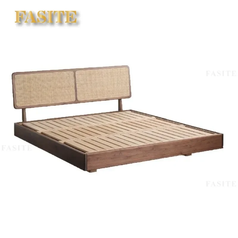 For 1.5m 1.8m Rattan Solid Wood Bed North American Black Walnut Japanese Nordic Retro Double Bed Master Bedroom Wedding