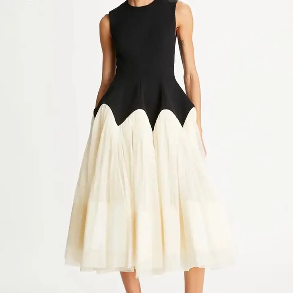 PuTao Sexy O Neck Sleeveless Long Party Dress Women Black High Waist Patchwork A-line Prom Dresses Elegant Evening Party Gowns