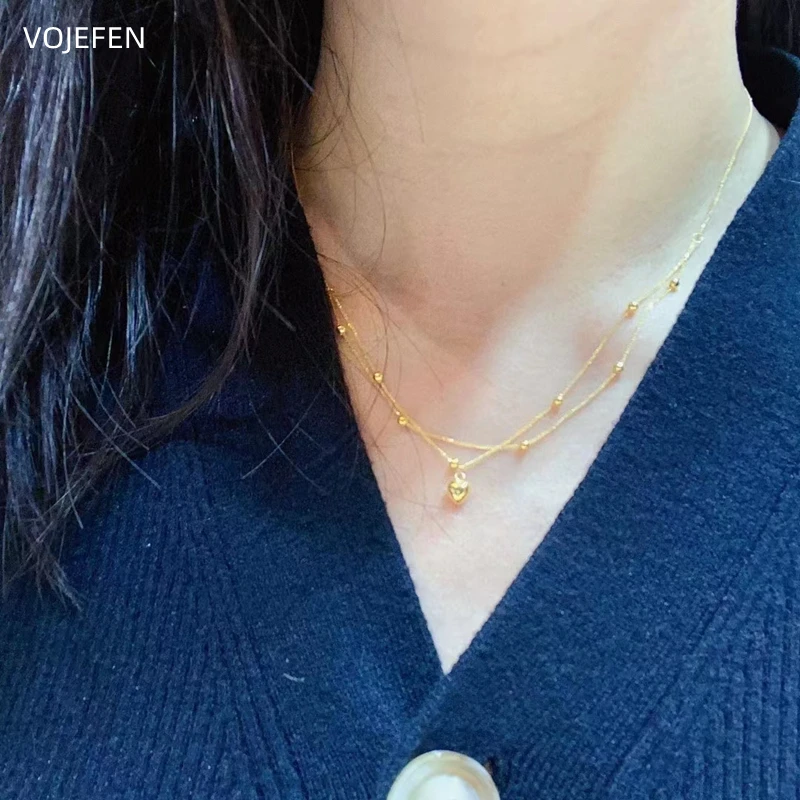VOJEFEN 18K Pendant Heart Necklace Original AU750 Pure Gold Rope