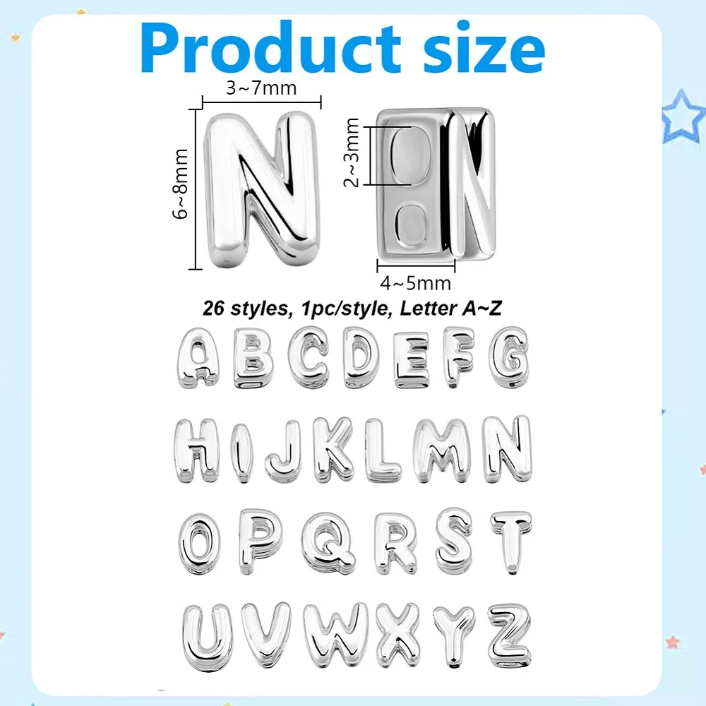 26Pcs Mini Letter Charms Brass A-Z Alphabet Beads Silver Letter Charm 3D Glitter Letters Charms Pendants for Valentines DIY