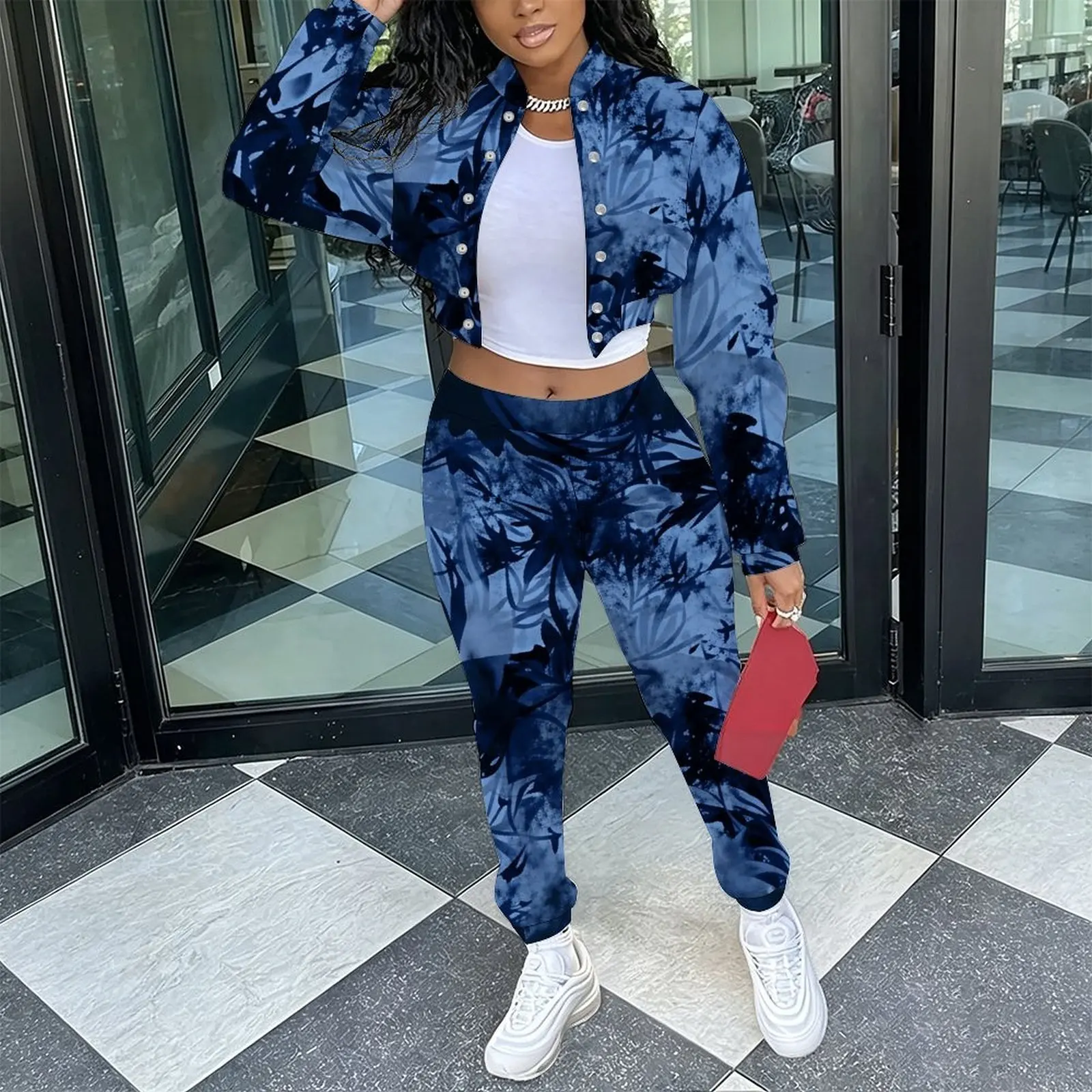 Female Fashion Two‑Piece Set Retro Long Sleeve Stand Collar Jacket  Slim Fit Long Pants Ladies Everyday Commuting Elegant Outfit