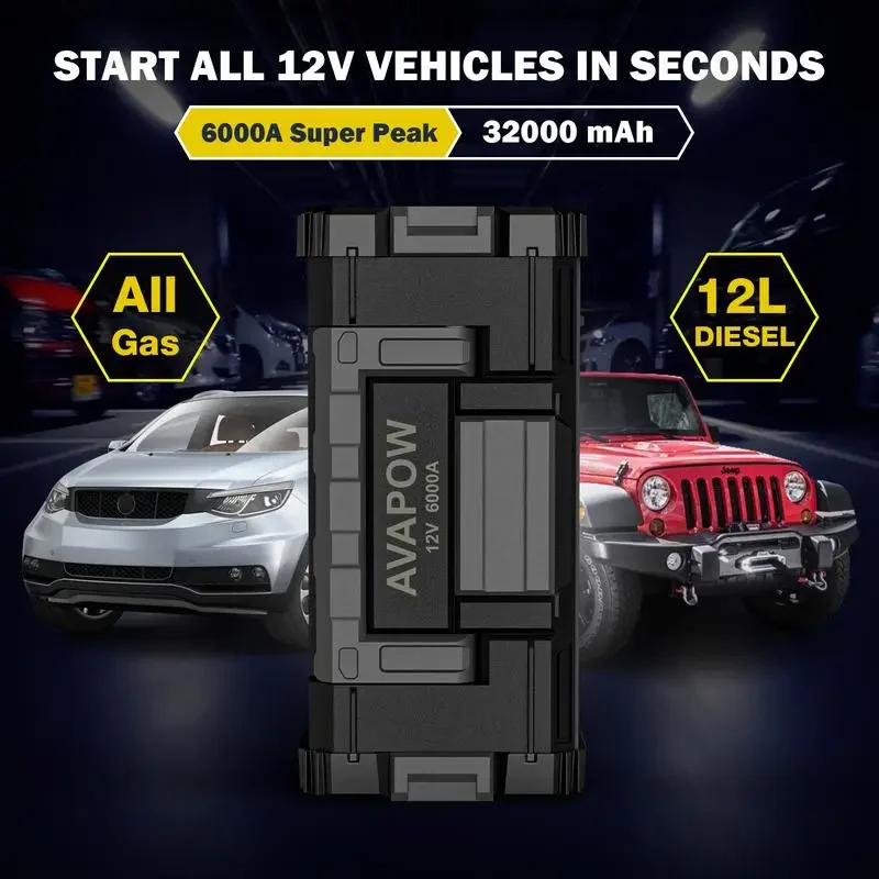 AVAPOW 6000A Car Battery Jump Starter ；Power bank； Dual USB Quick Charge ；DC Output；12V Jump Pack with Built-in LED Bright Light