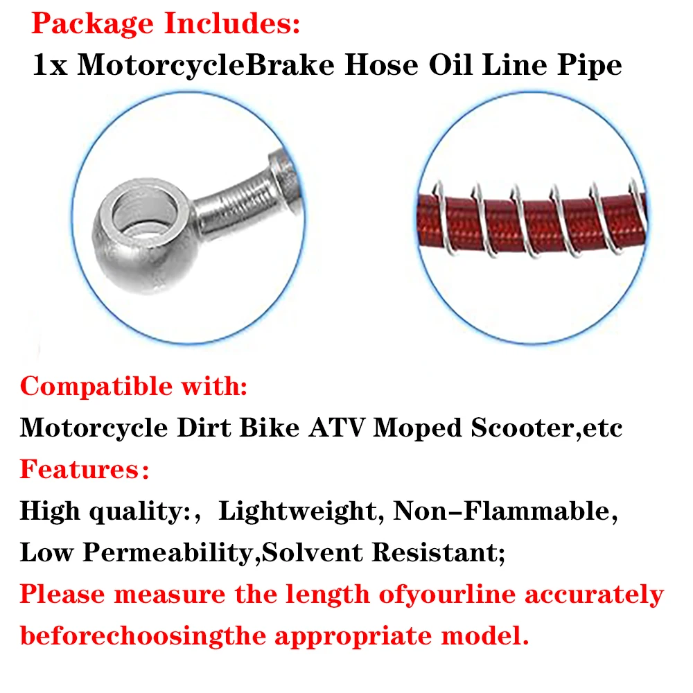 10mm 0-28-90Degree Motorcycle Dirt Bike Braided Line Steel Brake Hose Cable Hydraulic Banjo Pipe 10cm-500cm Universal Racing Red