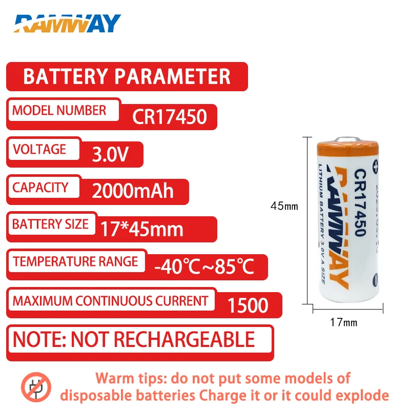 CR17450 3V 2000mAh primary lithium battery for smart water meter, fire and smoke alarm, PLC industrial control equipment