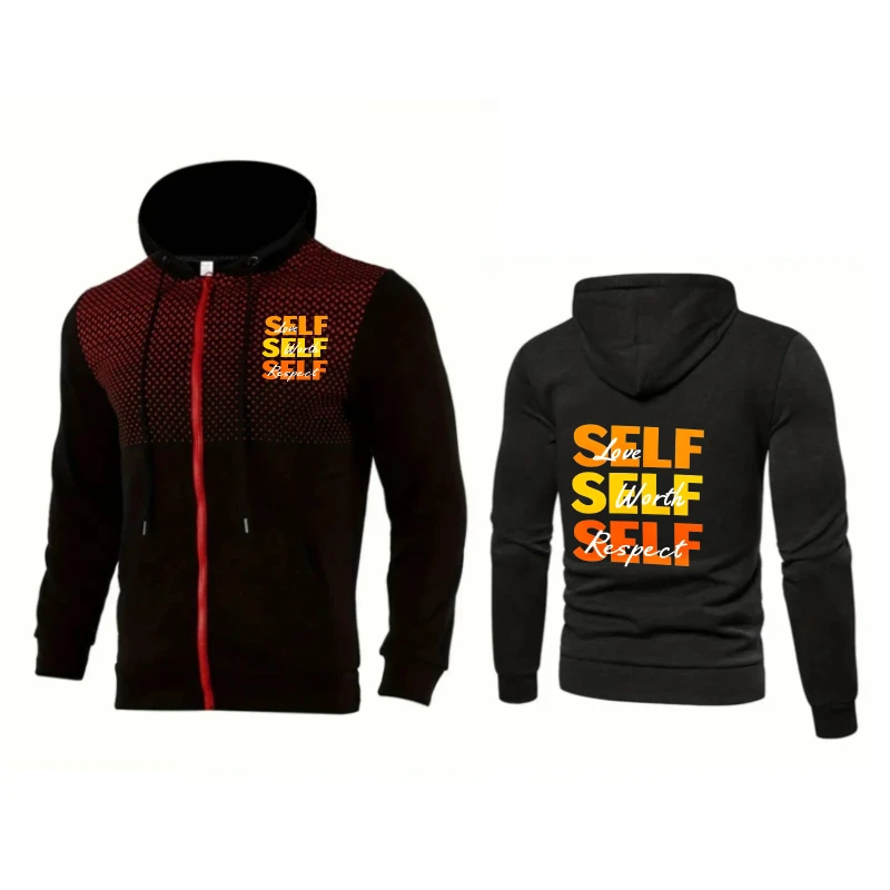 سترة رجالية بغطاء للرأس باللون الأزرق بنمط مطبوع عليه الحب الذاتي بسحاب للارتداء الكاجوال والملابس اليومية