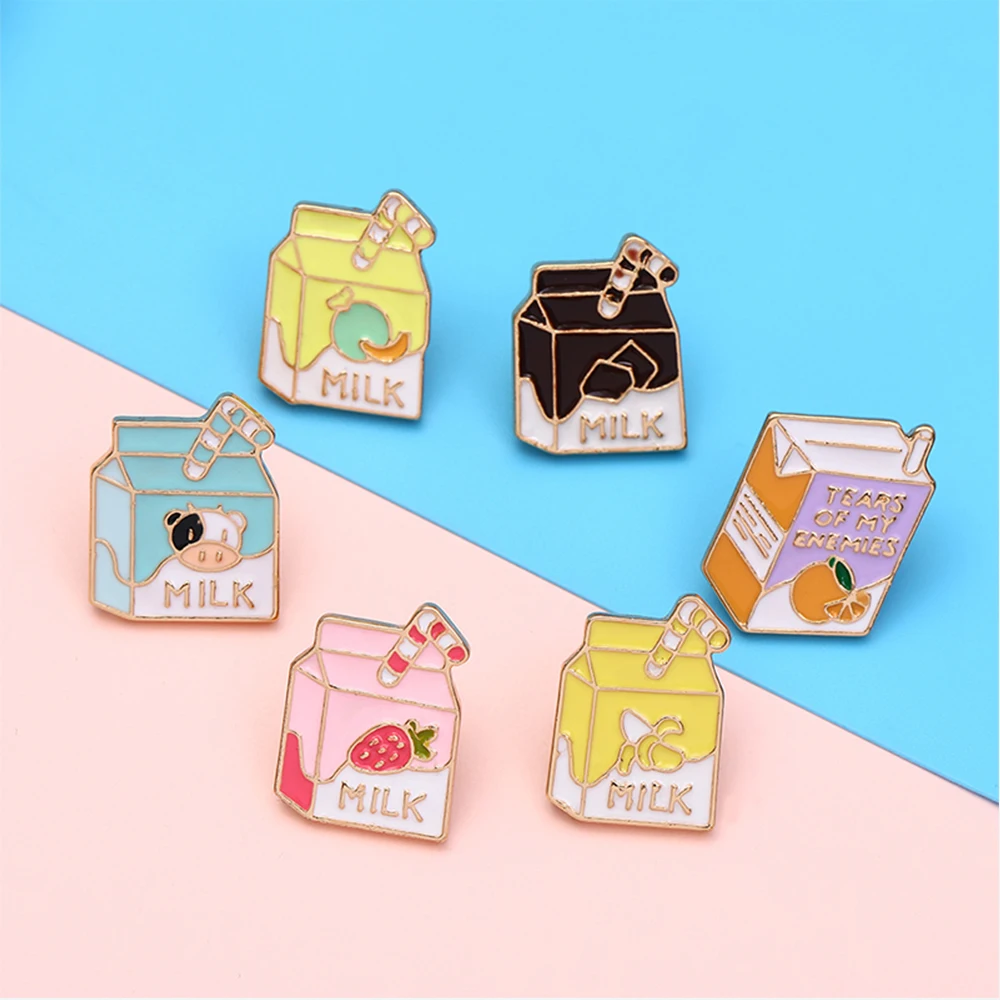 Trendy 6 Colors Milk Enamel Pins Strawberry Banana Orange Chocolate Brooches For Women Girls Bag Backpack Jacket Badge Gift