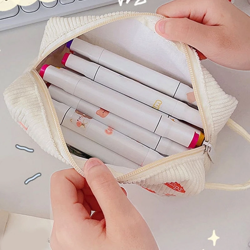 Corduroy Pen Bag Cartoon Stationery Bag Large Capacity Pencil Pencil Case Lovely Makeup Bag School Office Dropship