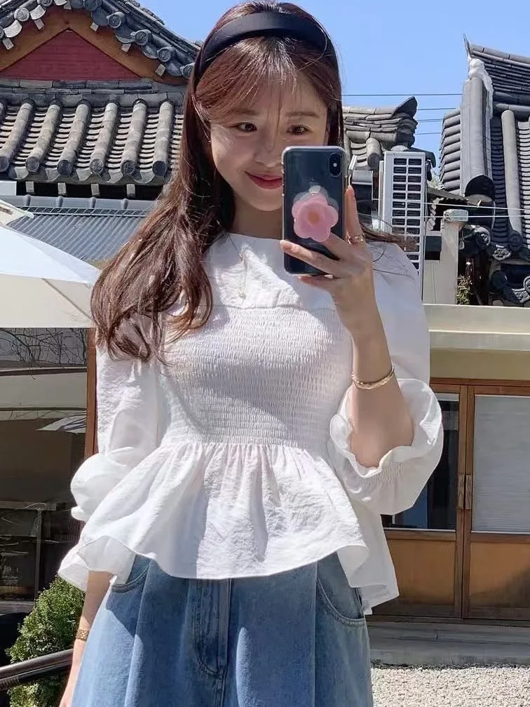 

Ele Slimming Early Spring White irt Women's Korean Sle Bubble Sve Top Age-Defng Waist-Cinching Faion Design