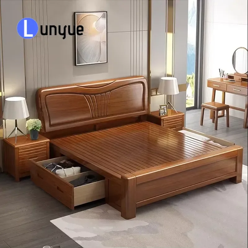 Modern Solid Wood Queen Bed Frame Double Size Bedroom Furniture Set Sturdy Minimalist Design for Master Guest Room Home Decor
