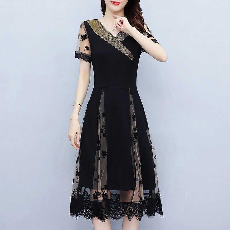 Elegant Mesh Long Dresses For Women Summer Female V Neck Short Sleeve Large Size ​5XL Casual Black A Line Lace Patchwork Vestido